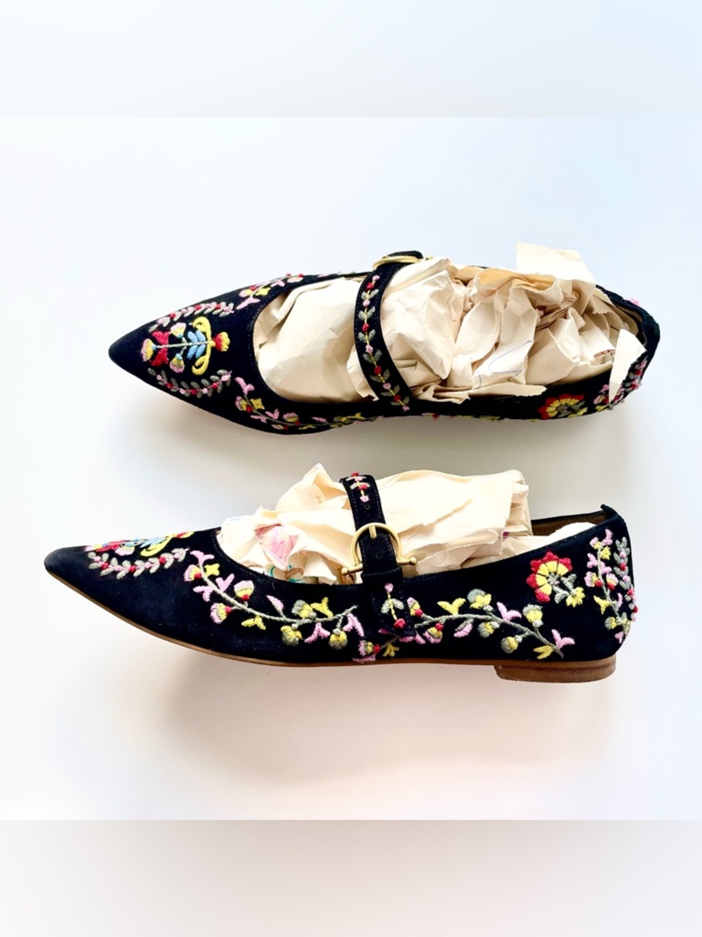 Boden Evie Black Embroidered Mary Jane Pointed Toe Floral Flats Boho Cottagecore - Picture 7 of 10